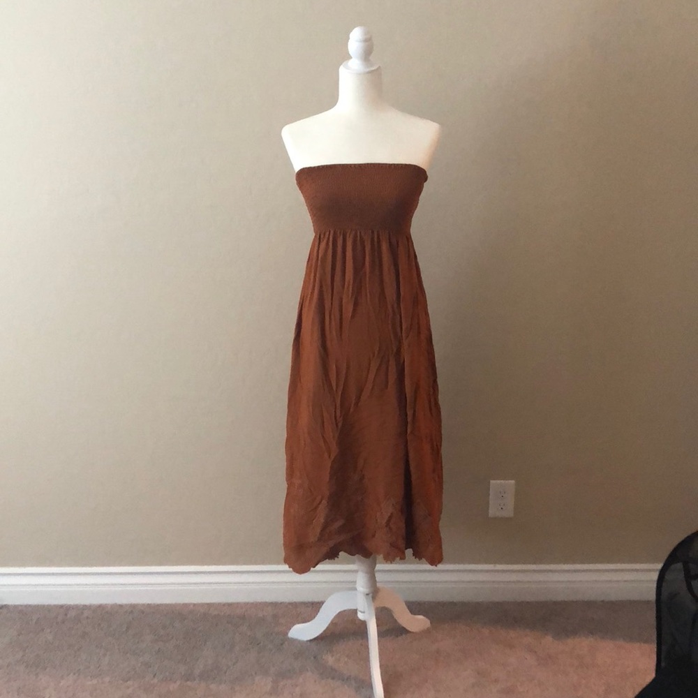 Rust midi strapless dress